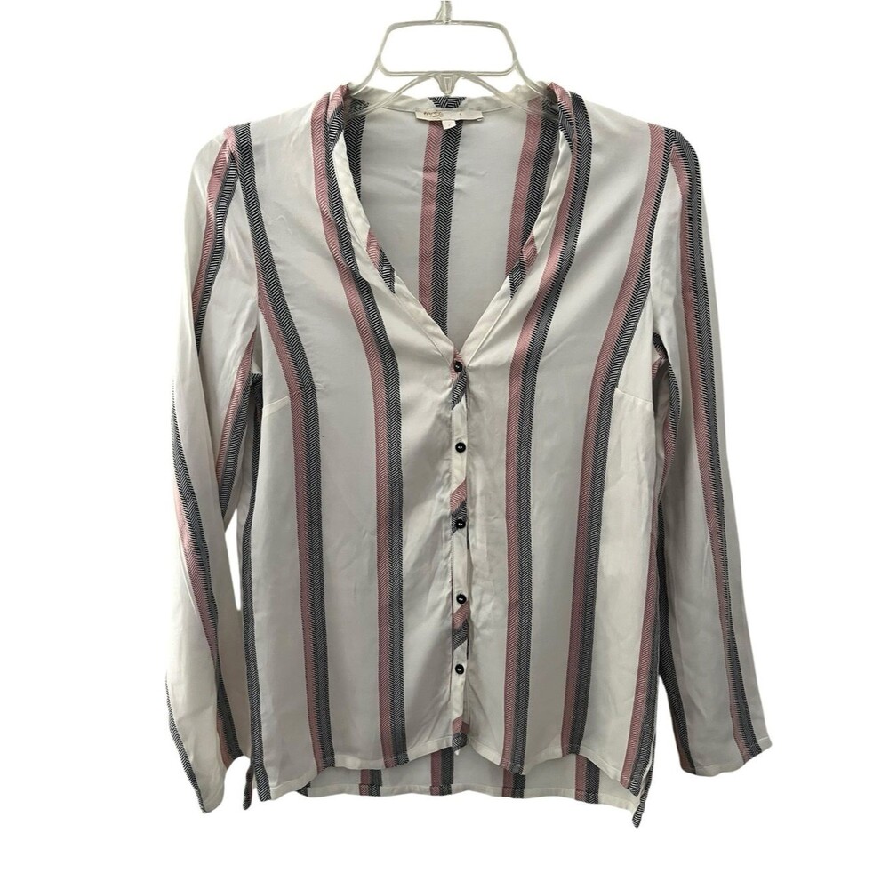 Maje Striped Button Down Blouse 2 Small Ivory Pink Black Long Sleeve Top
